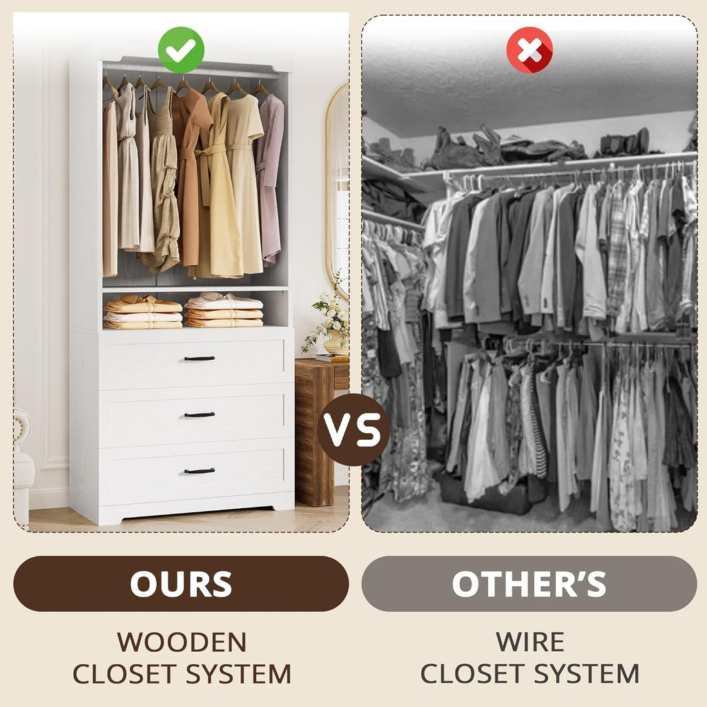 IRONCK Freestanding Closet System with Adjustable Shelves & 3 Drawers | Closet Organizer with Hanging Rod, Ideal for Bedrooms, Apartments and Small Closet Storage, 31.5" White