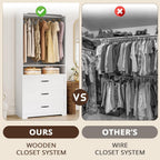 IRONCK Freestanding Closet System with Adjustable Shelves & 3 Drawers | Closet Organizer with Hanging Rod, Ideal for Bedrooms, Apartments and Small Closet Storage, 31.5" White