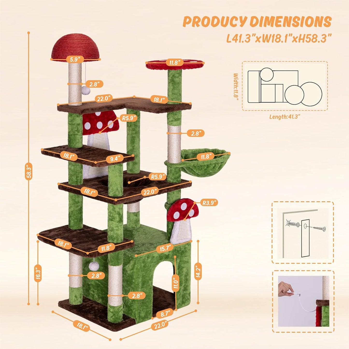 7 Furniture Mushroom Cat Tree for Indoor Cats, 58" Multi-Level Cat Tower with Scratching Posts, Anti-Tip Extra Wide Base, Plush Cat Condo & Hammock Furniture for Cats, Easy Assembly