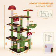 7 Furniture Mushroom Cat Tree for Indoor Cats, 58" Multi-Level Cat Tower with Scratching Posts, Anti-Tip Extra Wide Base, Plush Cat Condo & Hammock Furniture for Cats, Easy Assembly