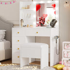 IRONCK Small Makeup Vanity Table with 5 Drawers, Power Outlet, and Vanity Stool
