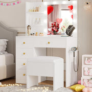 7 Furniture Vanity Desk with Mirror and Lights, Small Makeup Vanity Table with 5 Drawers, Power Outlet, and Vanity Stool, 3 Lighting Colors, Dressing Table for Women Girls Bedroom, White