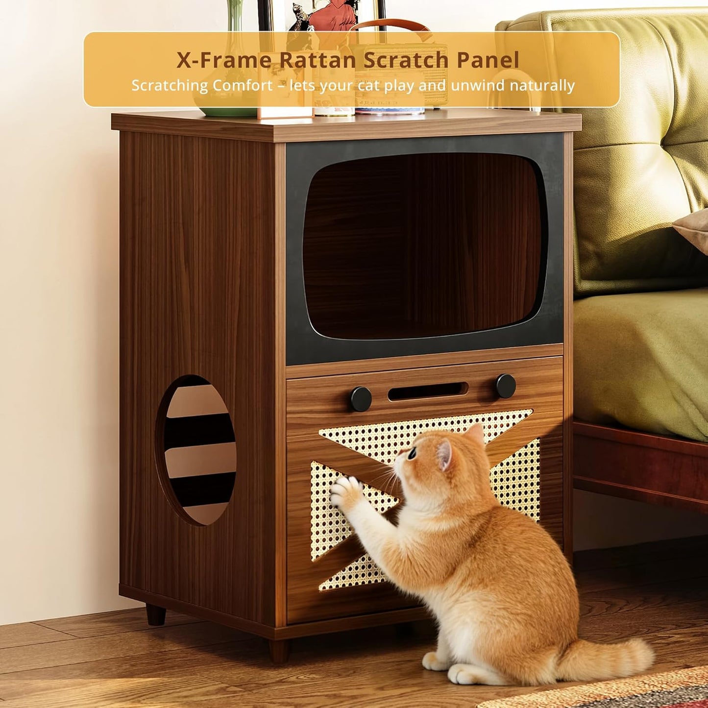 IRONCK Cat House for Indoor 2-in-1 Wooden Cat Condo with Scratching Board, Walnut