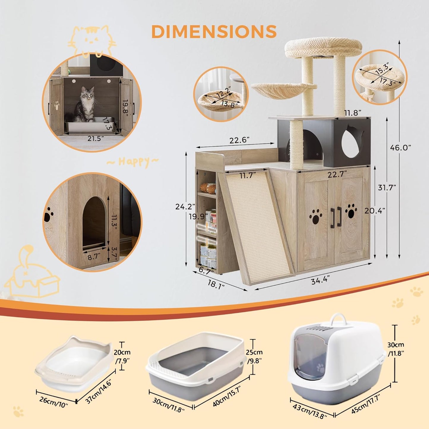 IRONCK Litter Box Enclosure with Cat Tree, 46" Hidden Litter Box with Sisal Scratching Ladder and Storage, Greige