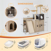 IRONCK Litter Box Enclosure with Cat Tree, 46" Hidden Litter Box with Sisal Scratching Ladder and Storage, Greige