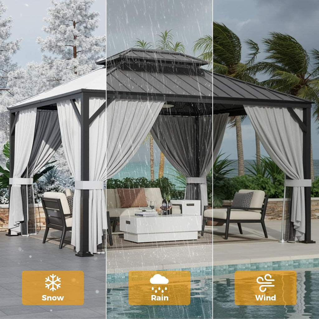 IRONCK Aluminum Patio Gazebo with Double Roof, with Net and Curtain