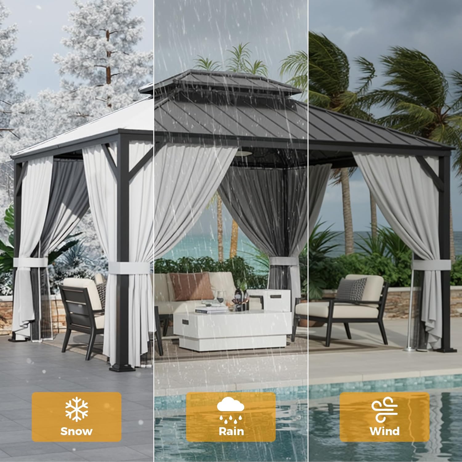 IRONCK Aluminum Patio Gazebo with Double Roof, with Net and Curtain
