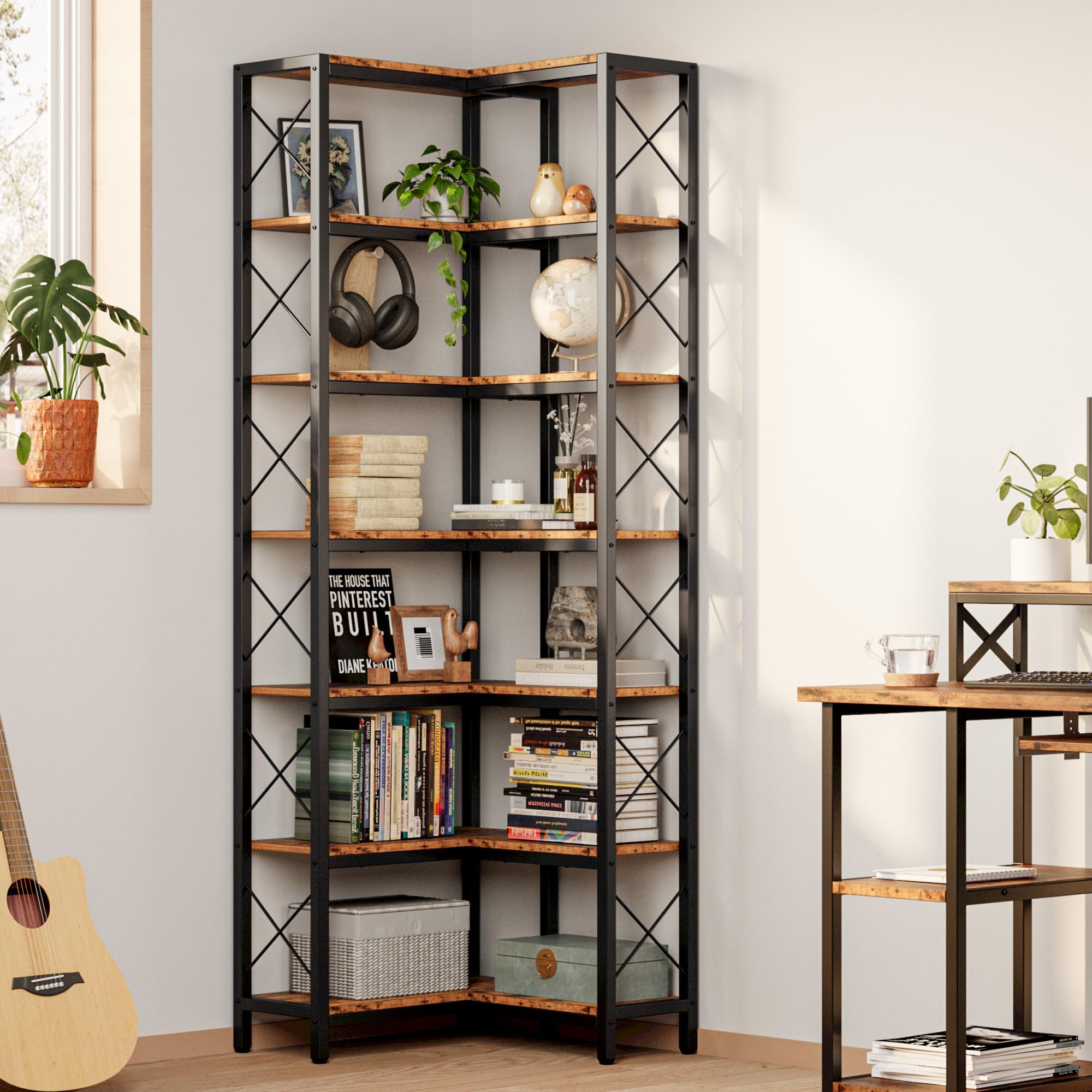IRONCK 7-Tier Industrial Metal Frame Corner Bookshelf, Vintage Brown