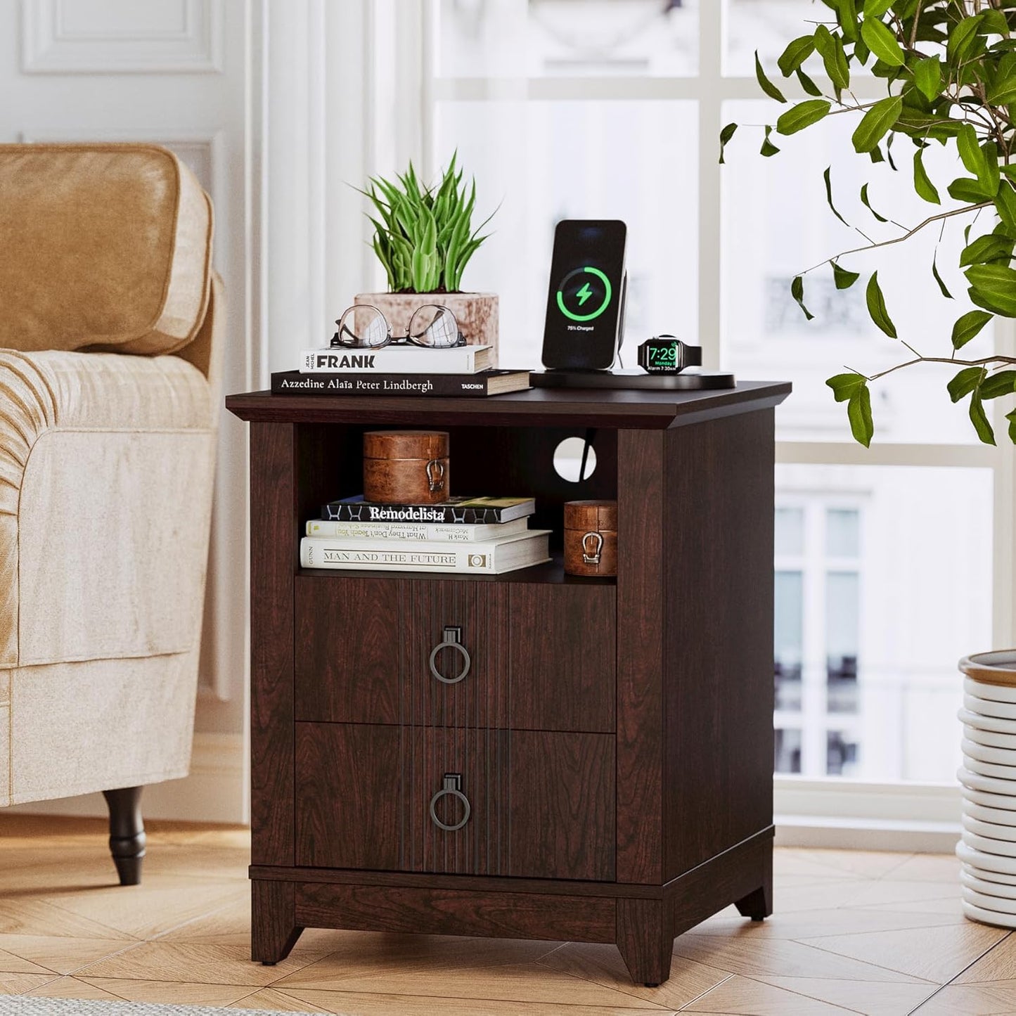 IRONCK Night Stand with Charging Station, Bedside Table with 2 Drawers and 1 Open Shelf