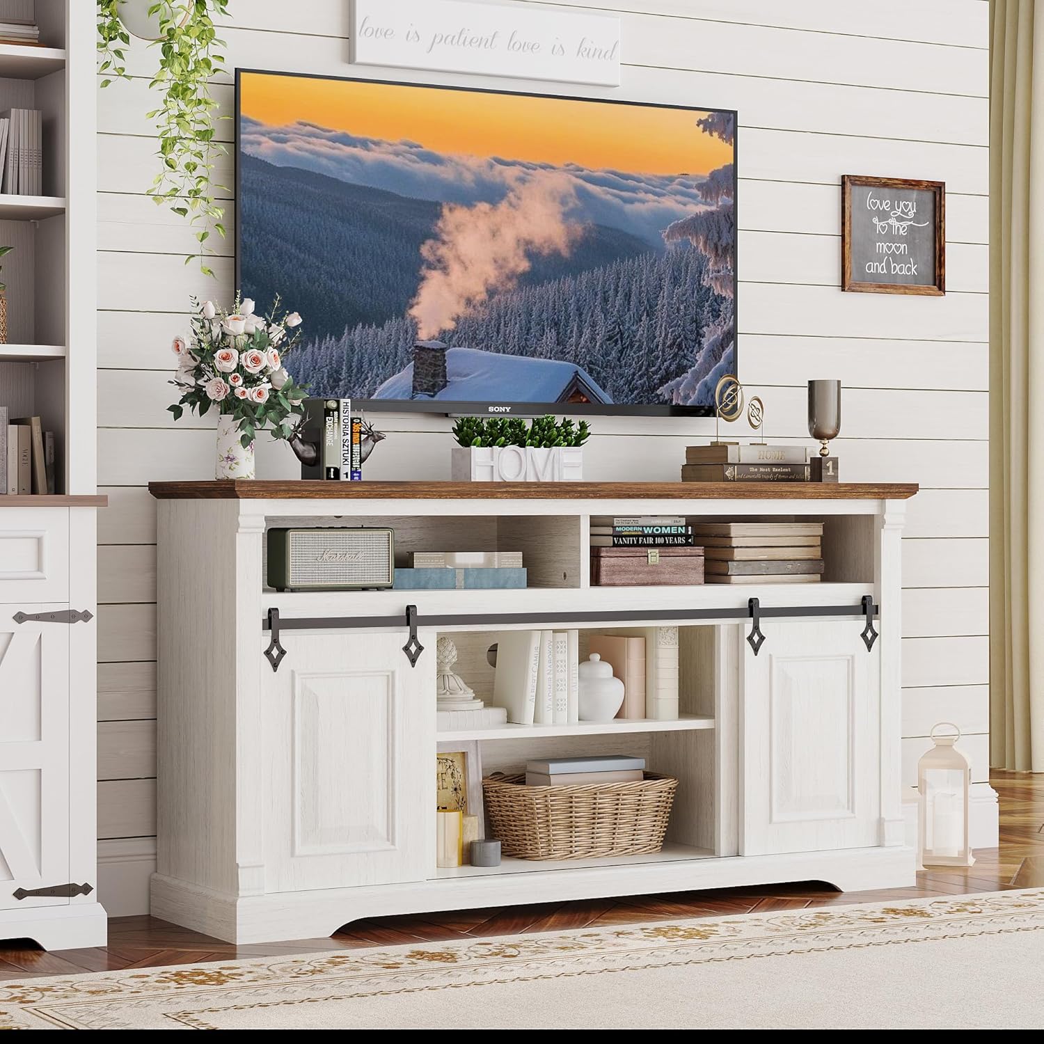 IRONCK Farmhouse TV Stand, 59" Entertainment Center with Storage Cabinets, White