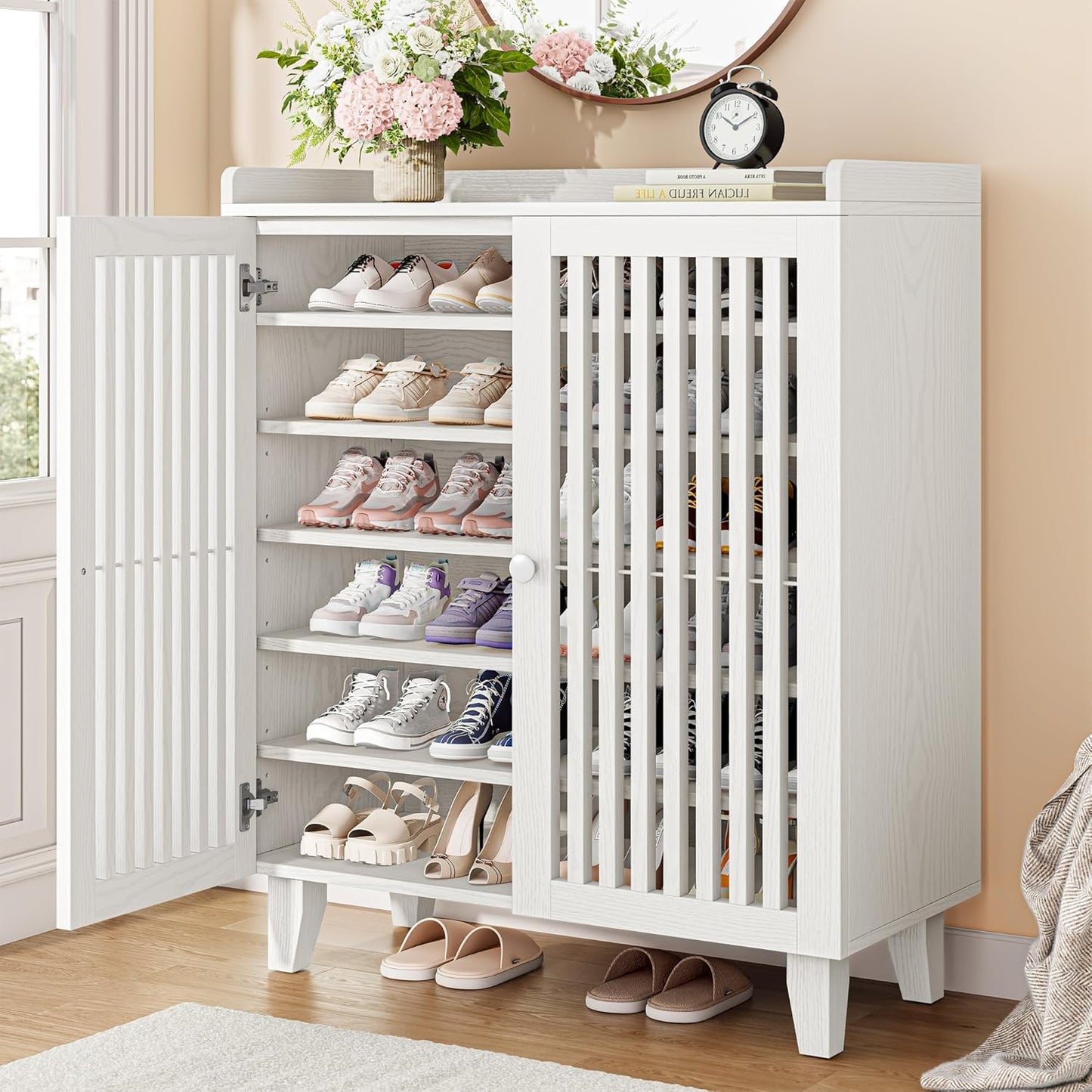 IRONCK 6-Tier Wooden  Shoe Cabinet with Slatted Doors