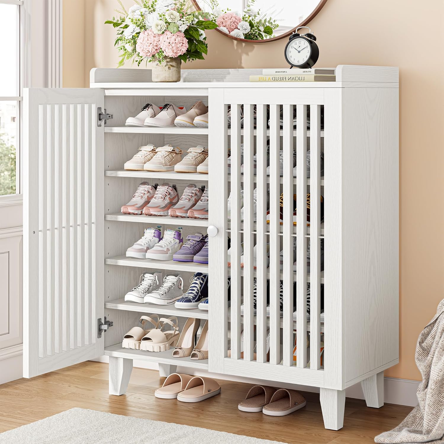 IRONCK 6-Tier Wooden  Shoe Cabinet with Slatted Doors