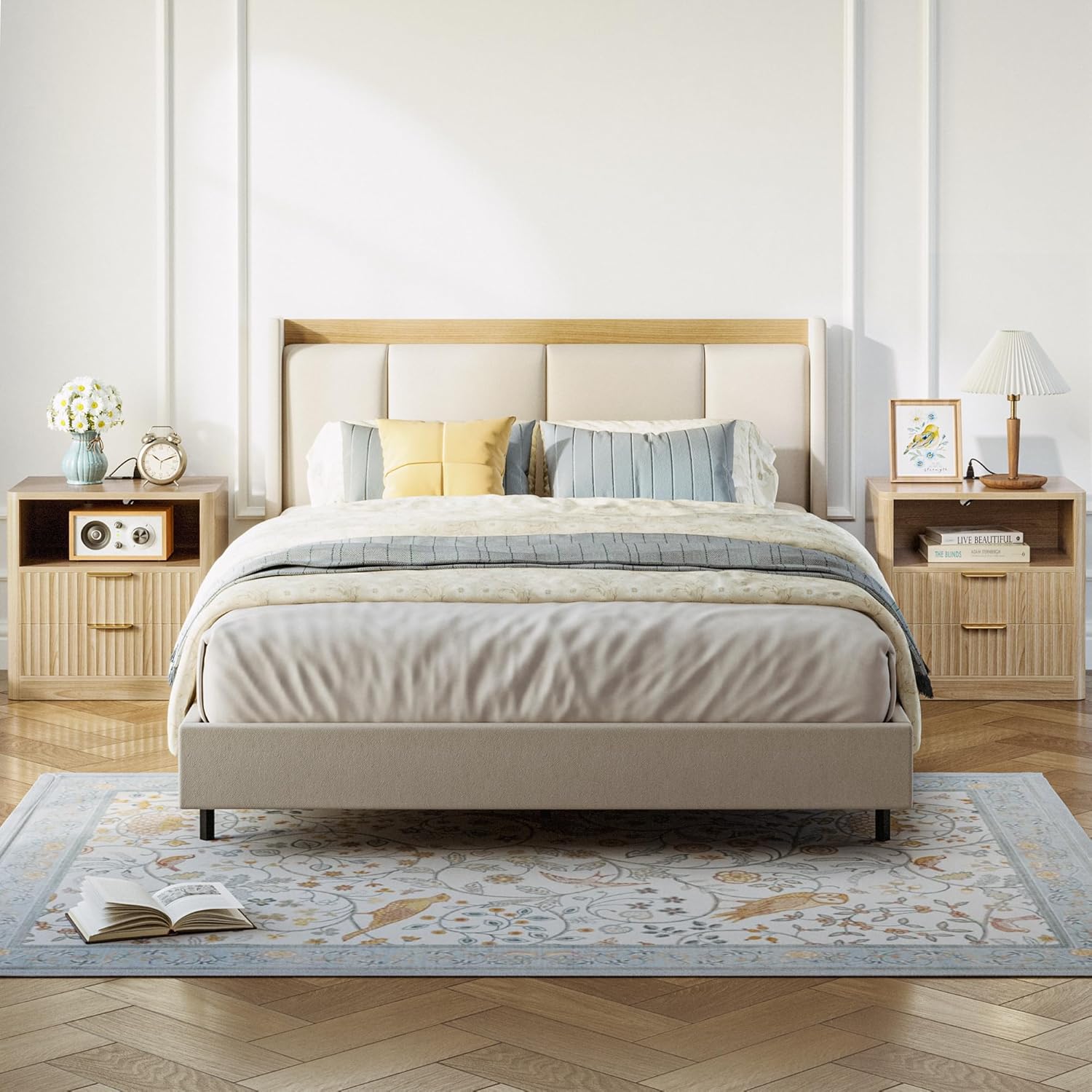 IRONCK Fluted Night Stand Set of 2, with Charging Station, Drawers and Open Shelves, Oak