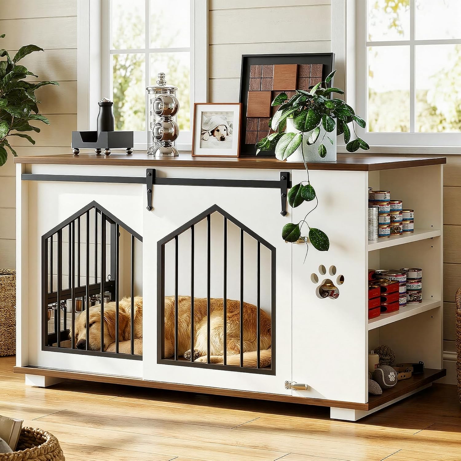 IRONCK Large Dog Crate Furniture with 2 Rotatable Dog Bowls, White