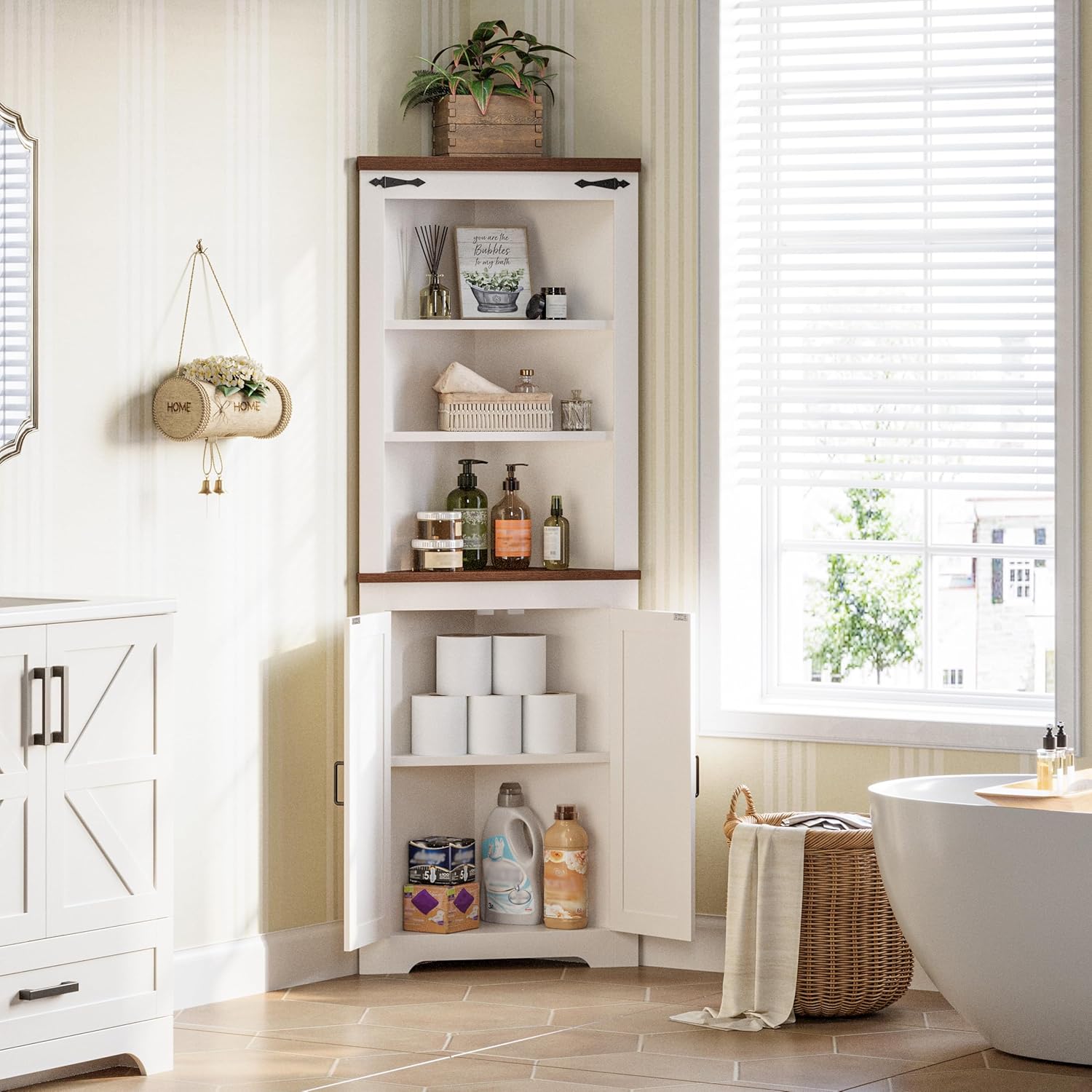 IRONCK Corner Cabinet, 68'' Tall Corner Storage Cabinet with Doors and 5-Tier Shelves for Bathroom, Freestanding Bookcase Corner Display Cabinet Kitchen Hutch for Small Space, White