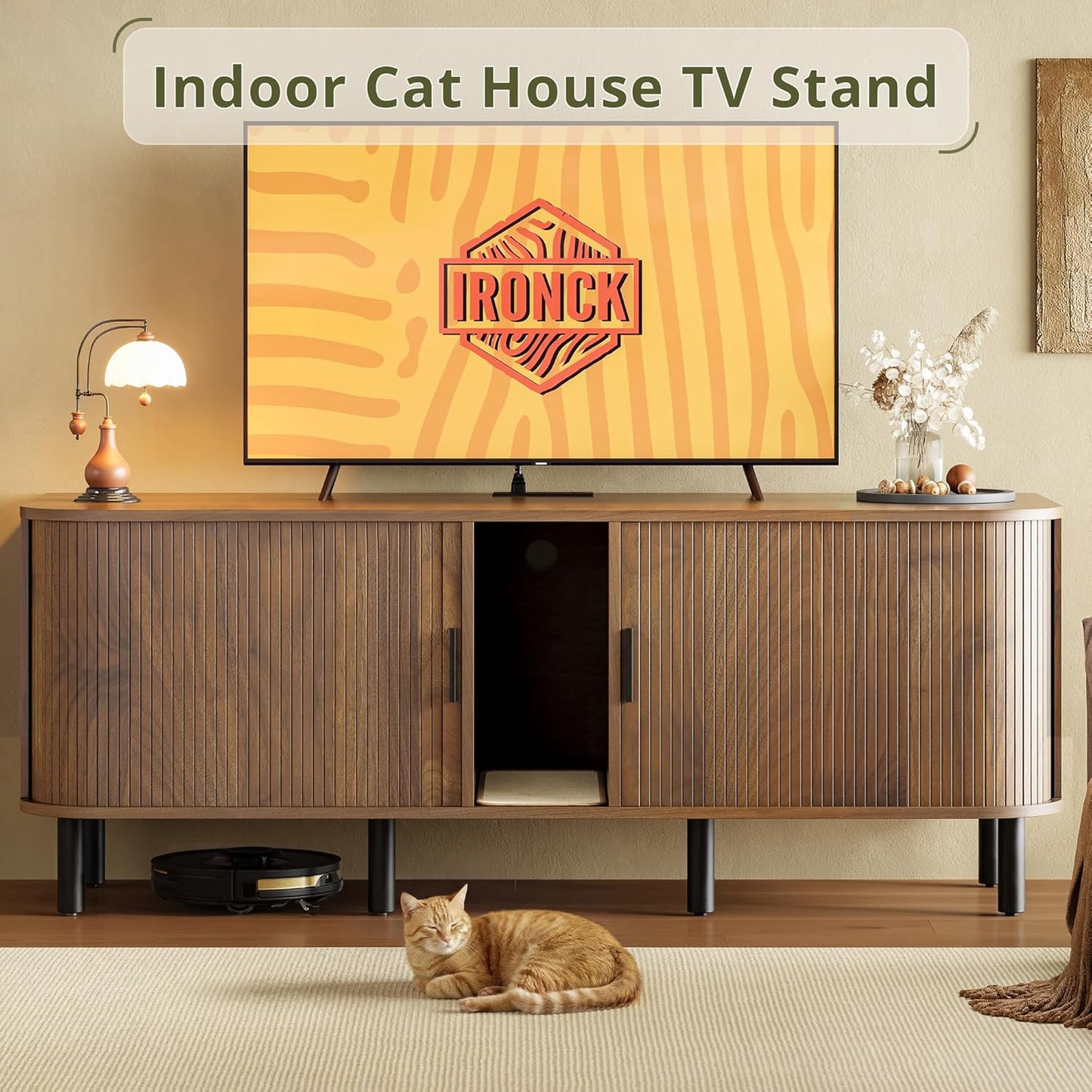 7 Furniture 60 Inch Double Cat Litter Box Enclosure Furniture with Built-in Power Outlet & Sliding Door, Walnut