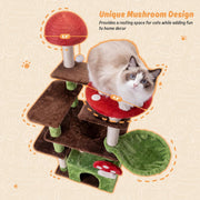 7 Furniture Mushroom Cat Tree for Indoor Cats, 58" Multi-Level Cat Tower with Scratching Posts, Anti-Tip Extra Wide Base, Plush Cat Condo & Hammock Furniture for Cats, Easy Assembly