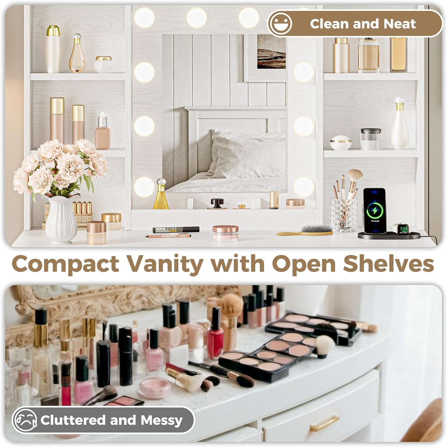 IRONCK White Vanity Desk with Adjustable 3 LED Modes, Stool Included