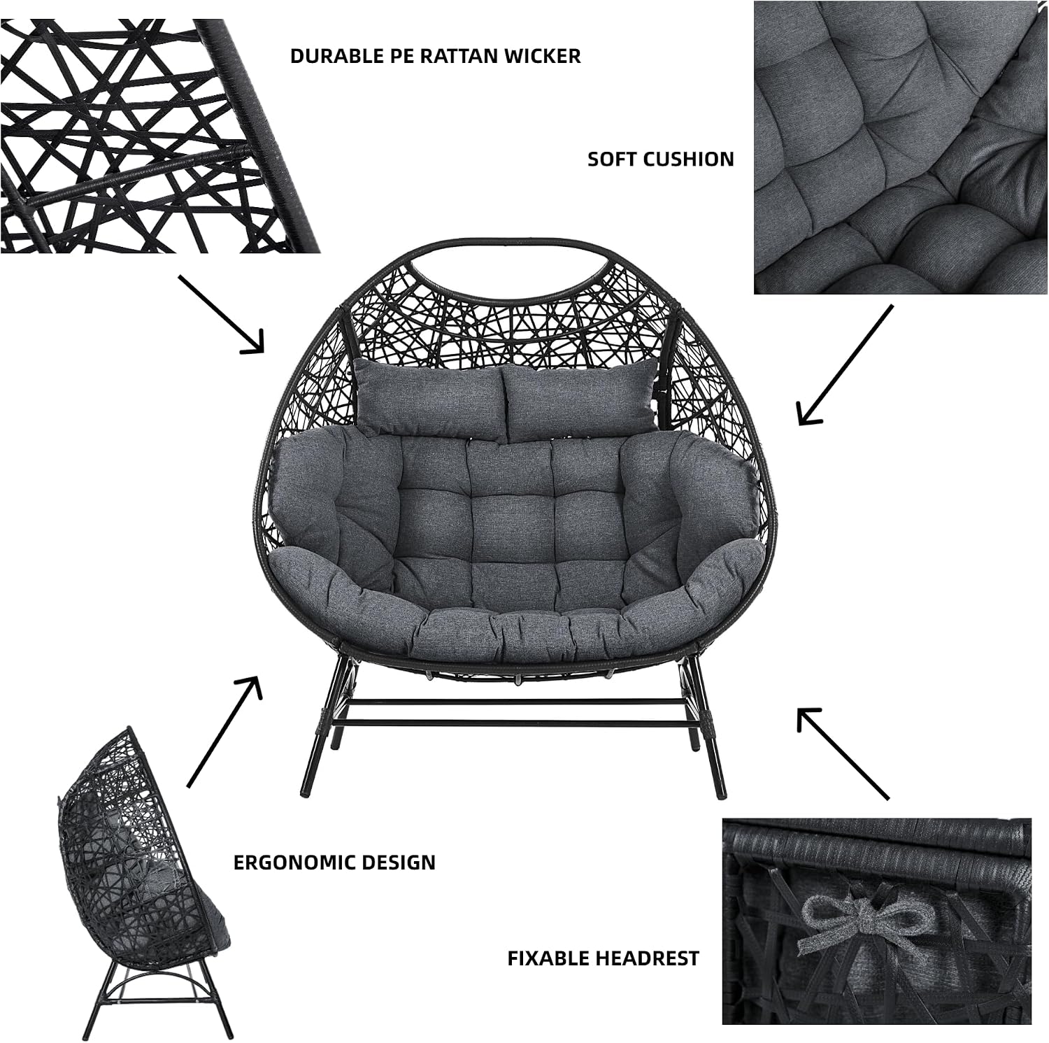 IRONCK Patio Double Egg Chair Outdoor, Oversized Egg Chair for Outside, Extra Large Cushions, Upgraded Frame, 700 Lbs, 2 Person Seat for Poolside, Balcony, Indoor, Black