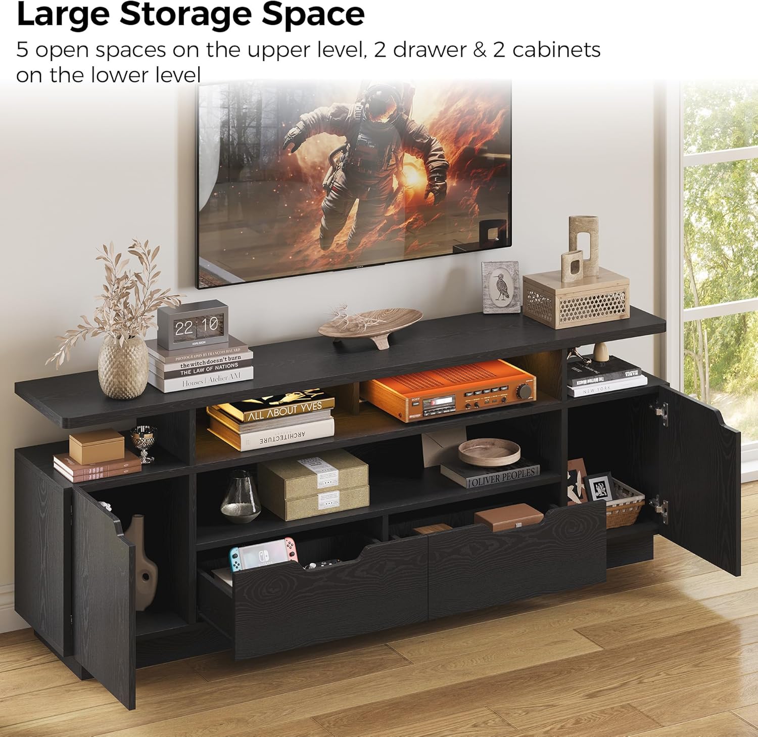 IRONCK TV Stand for TVs 85 inch with Power Outlet and LED Lights, blac