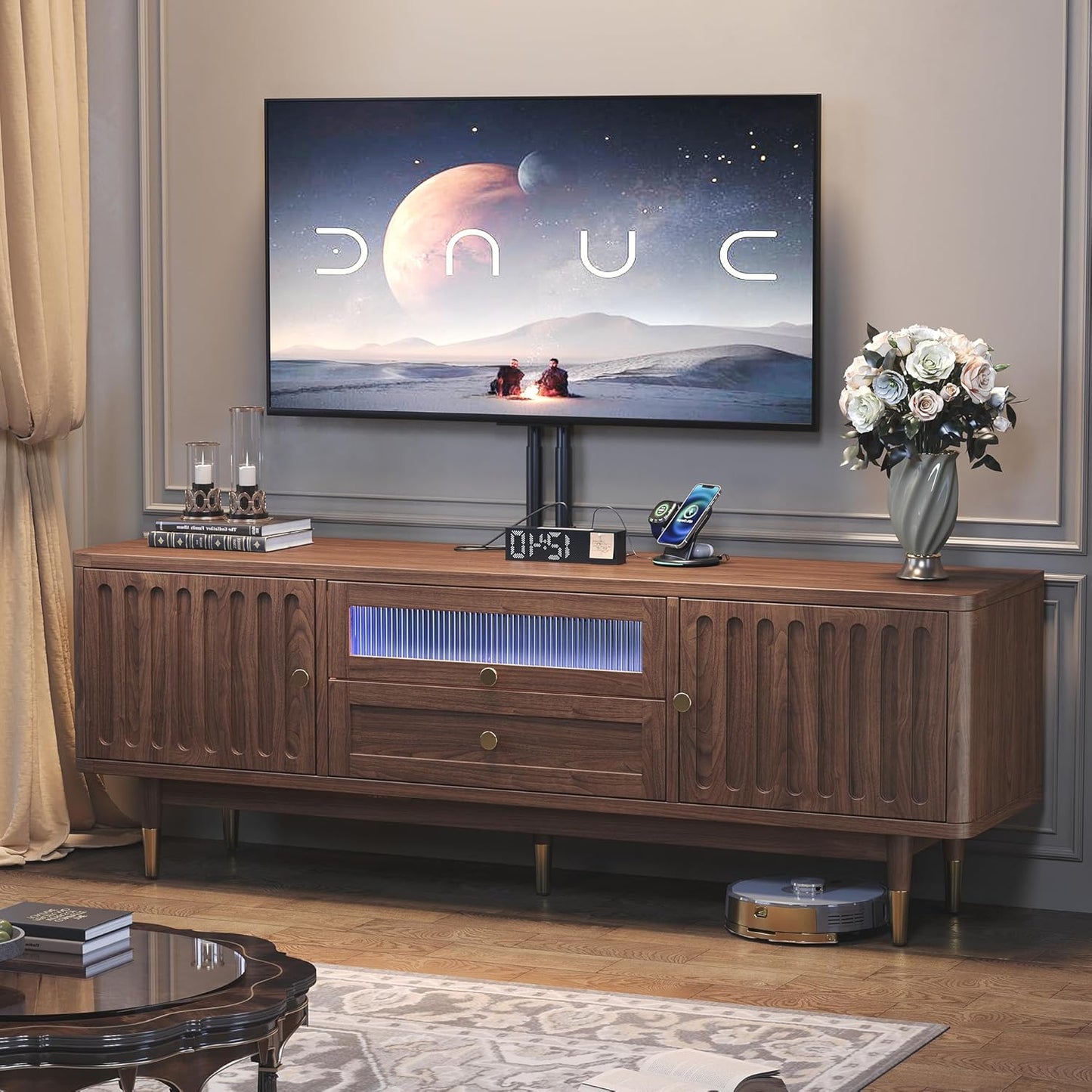 IRONCK TV Stand for 70 Inch TV, LED Lighting and Charging Station, Walnut