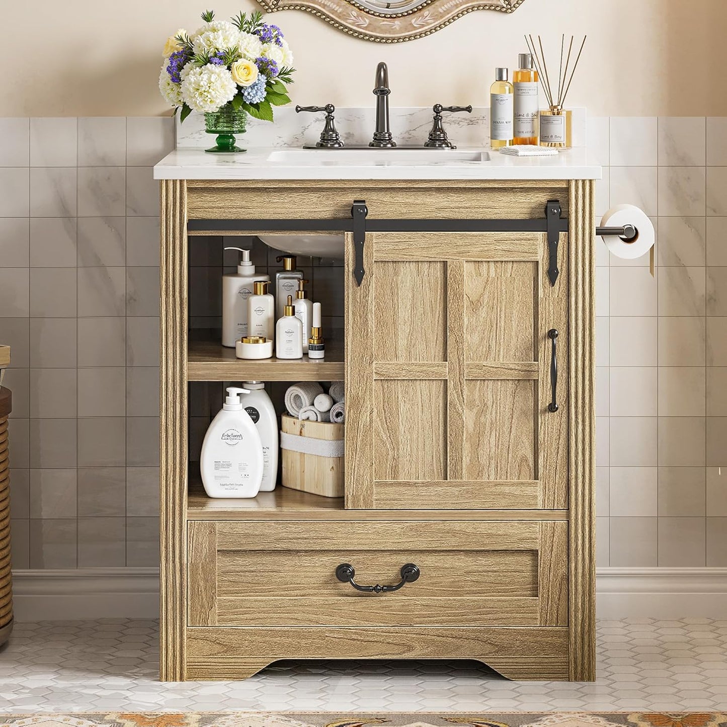 IRONCK 30 Inch Bathroom Vanity with Sink, Bathroom Sink Cabinet with Drawers & Metal Handles, Freestanding, Easy Assembly, Farmhouse