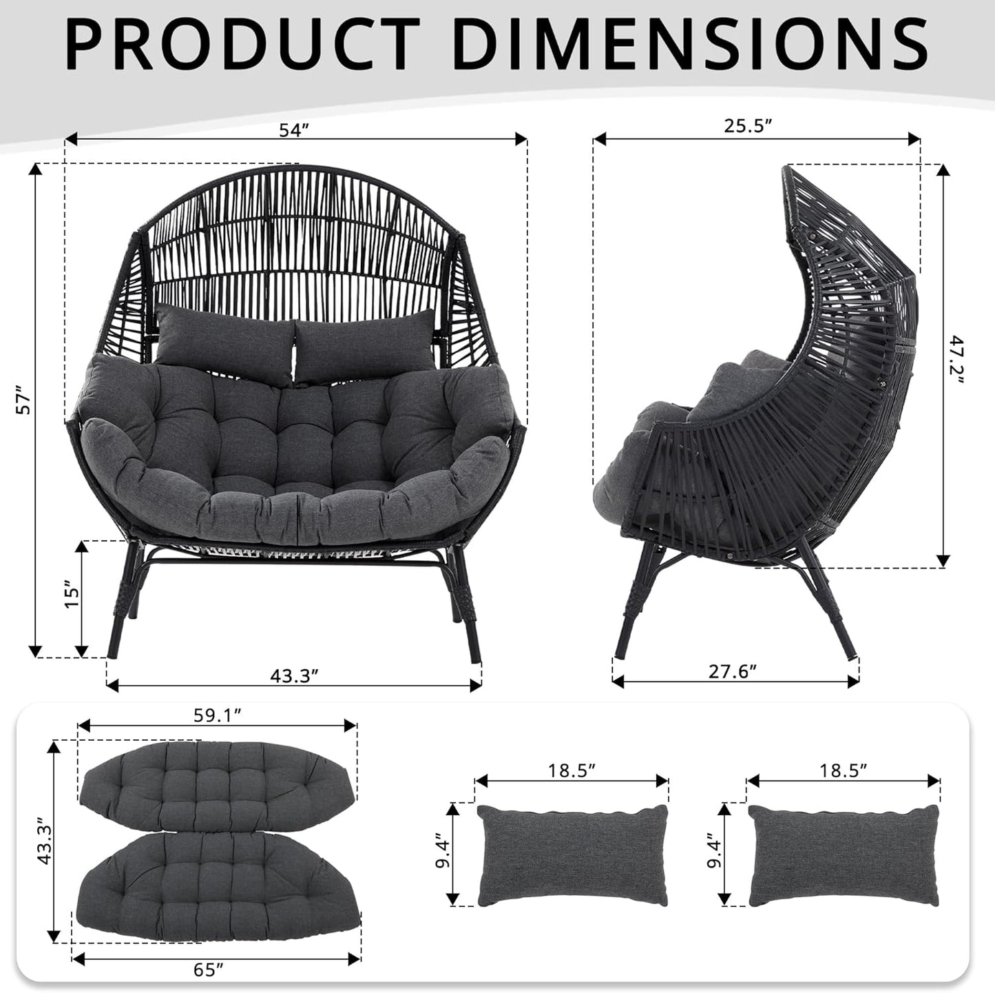IRONCK Double Egg Chair Outdoor, 2 Person Wicker Lounge Chair, Dark Grey