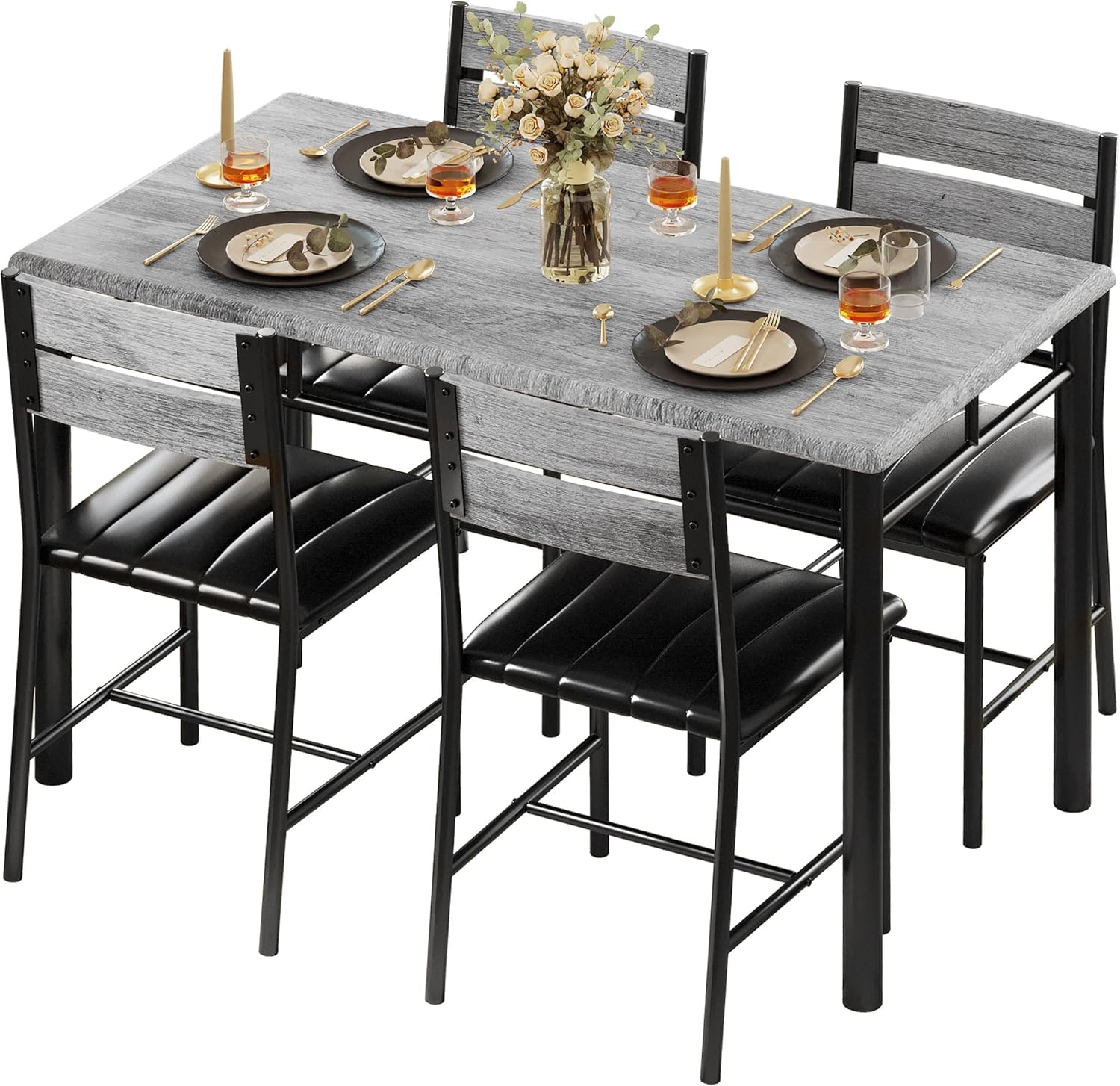 IRONCK Dining Table Set for 4, Wood Kitchen Table with Upholstered Chairs for Kitchen Room and Small Spaces, Grey