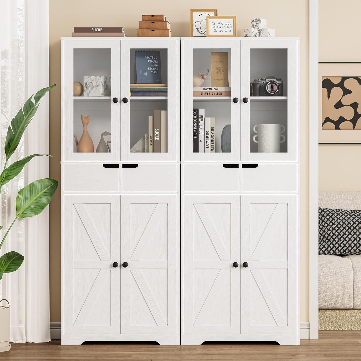 IRONCK 67" Tall Bathroom Storage Cabinet, with Glass Doors and Shelves,  White