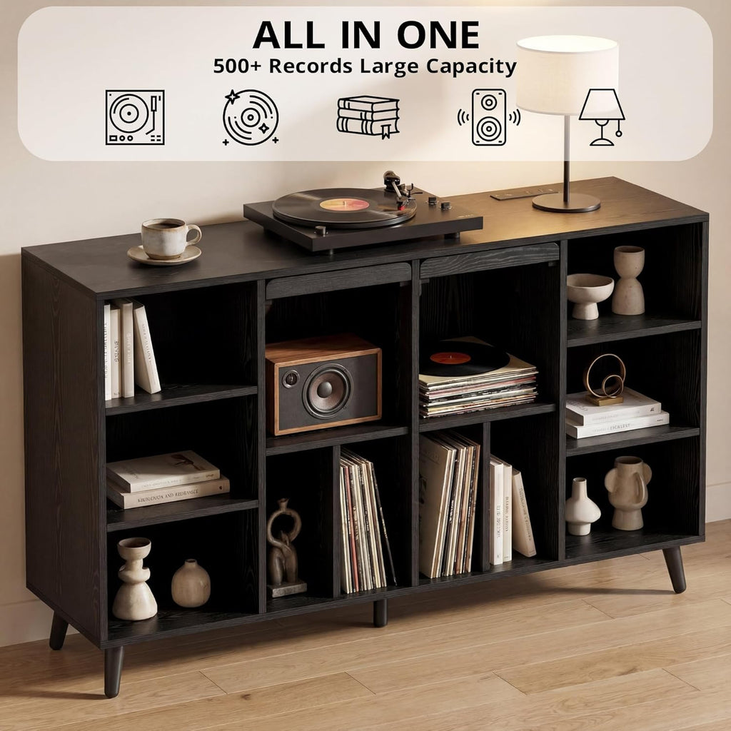 IRONCK Large Record Player Stand 55" with Charging Station, Black