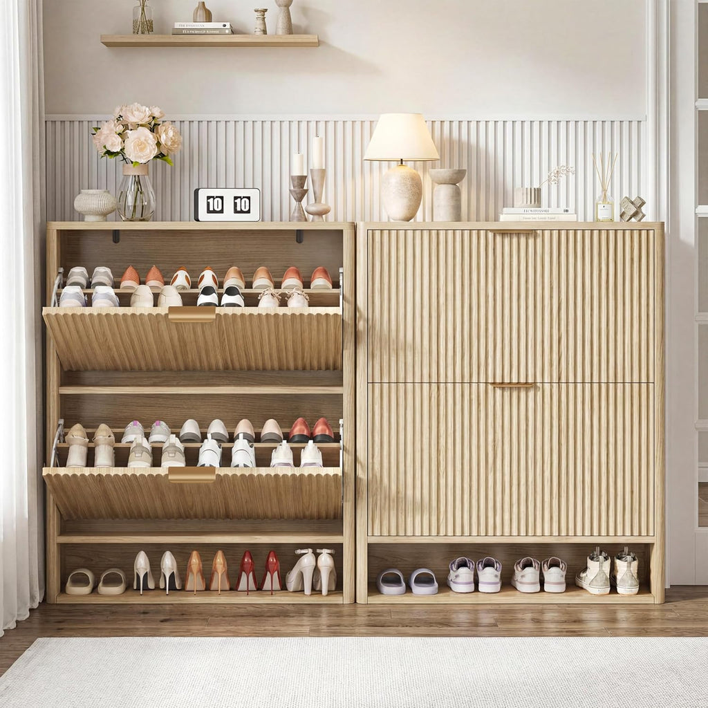 IRONCK Fluted Shoe Cabinet Storage with 2 Flip Drawers