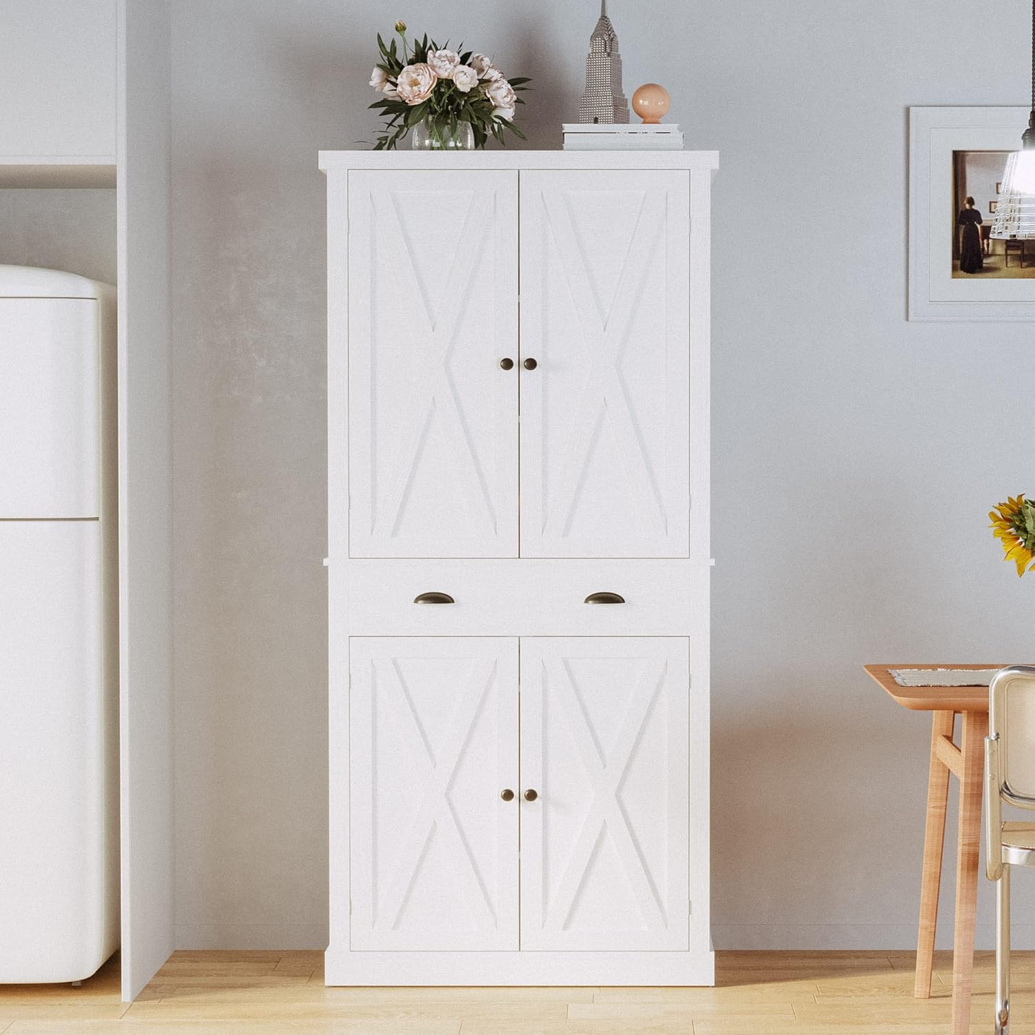 IRONCK Kitchen Pantry Storage Cabinet 72.6" H, with Barn Doors, White