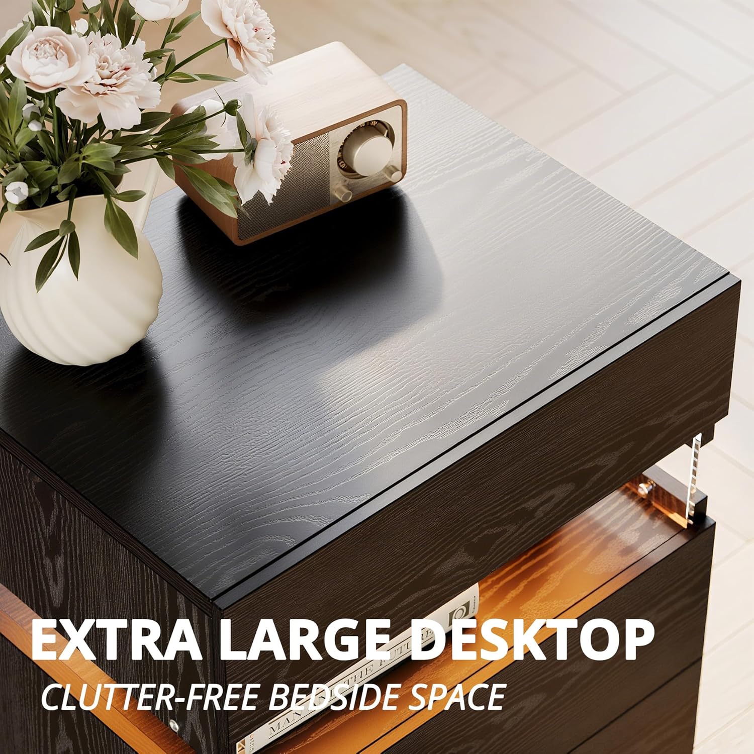 IRONCK Nightstand with 3 Drawers,  LED Light, Storage for Bedroom, Black