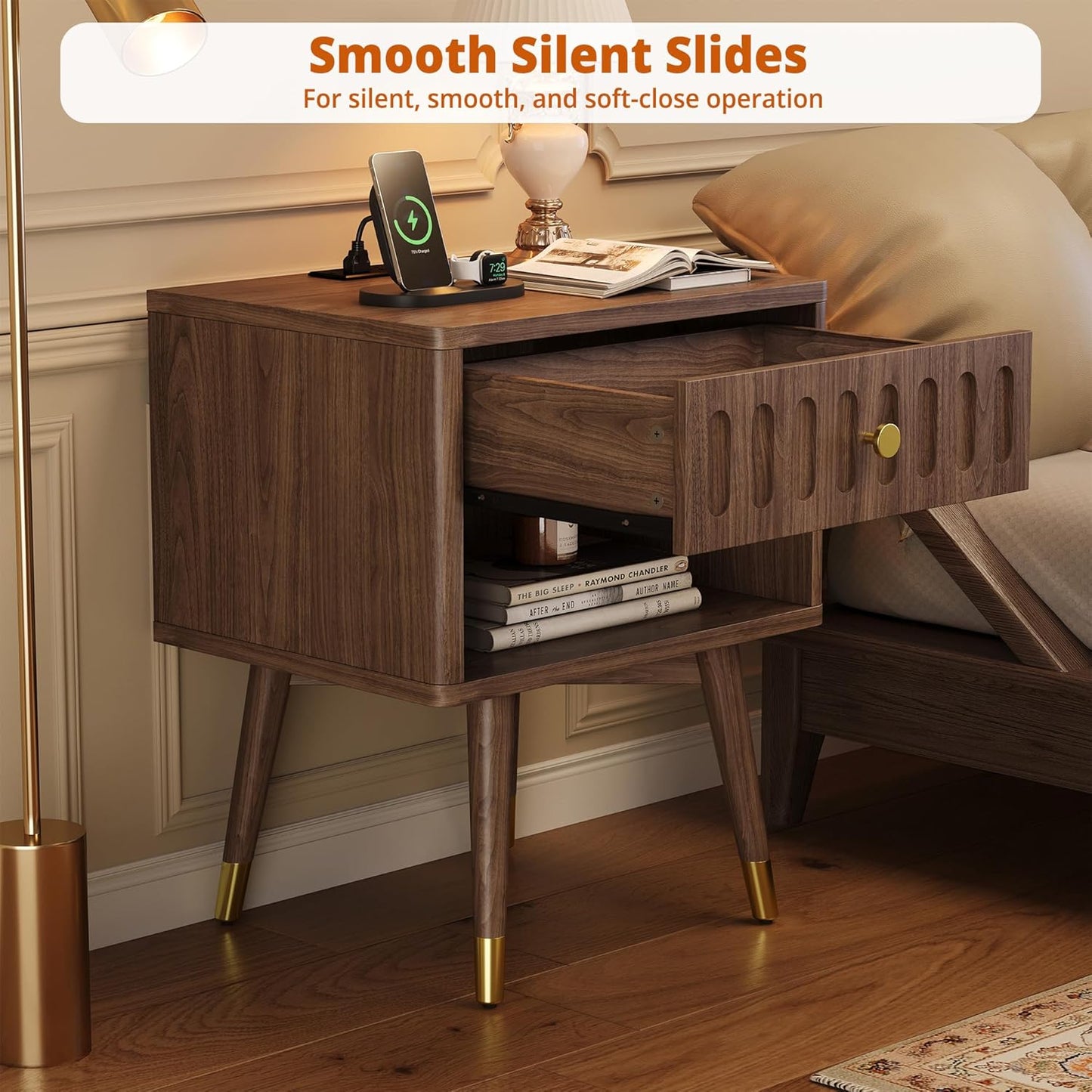 IRONCK Nightstand with Charging Station, Fluted Night Stand Set of 2，Bed Side Table with Drawer，Open Shelf and Sturdy Metal-Capped Legs, End Table for Bedroom, Walnut