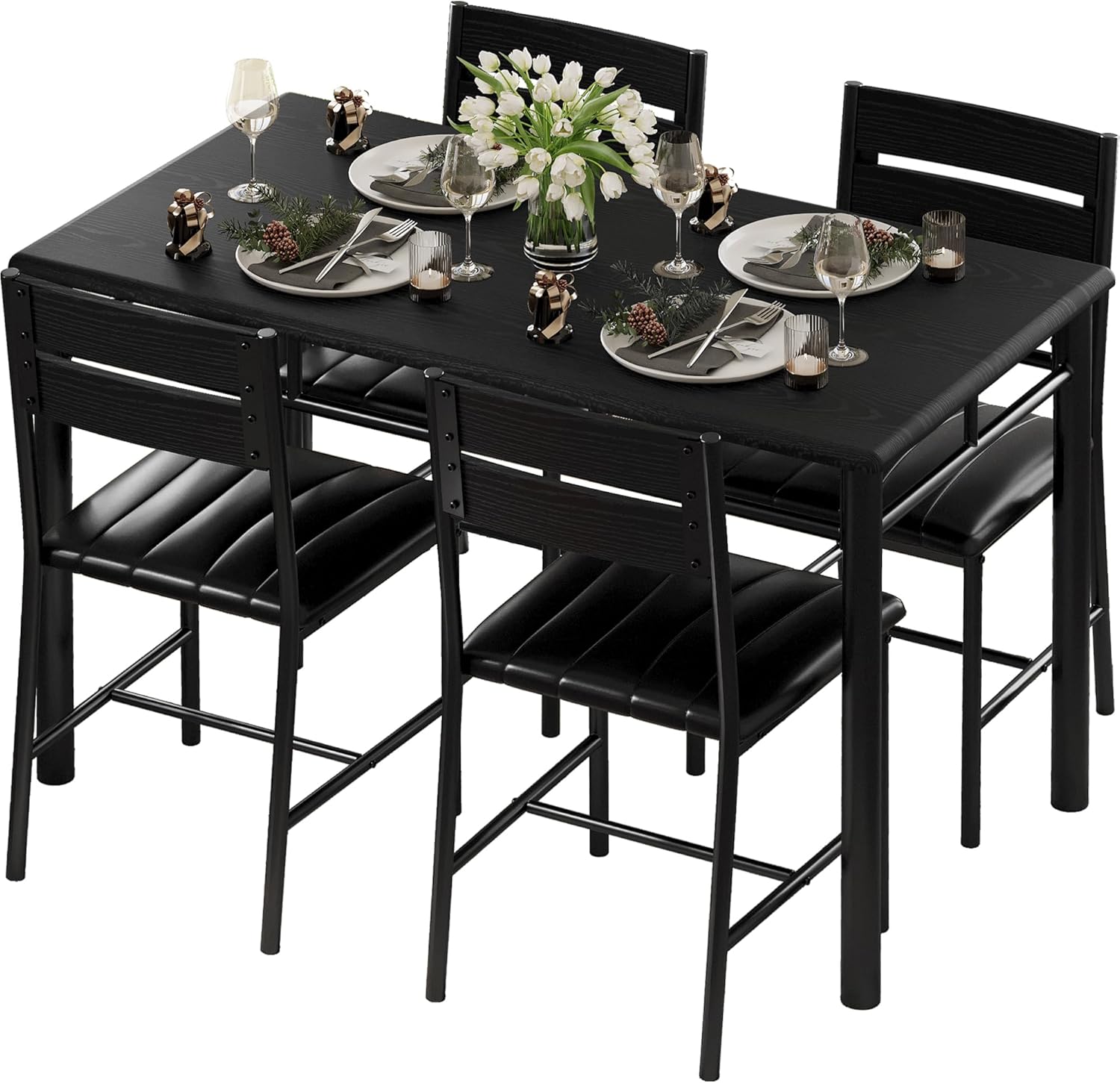 IRONCK Wood Dining Table Set, Wood Kitchen Table with Upholstered Chairs