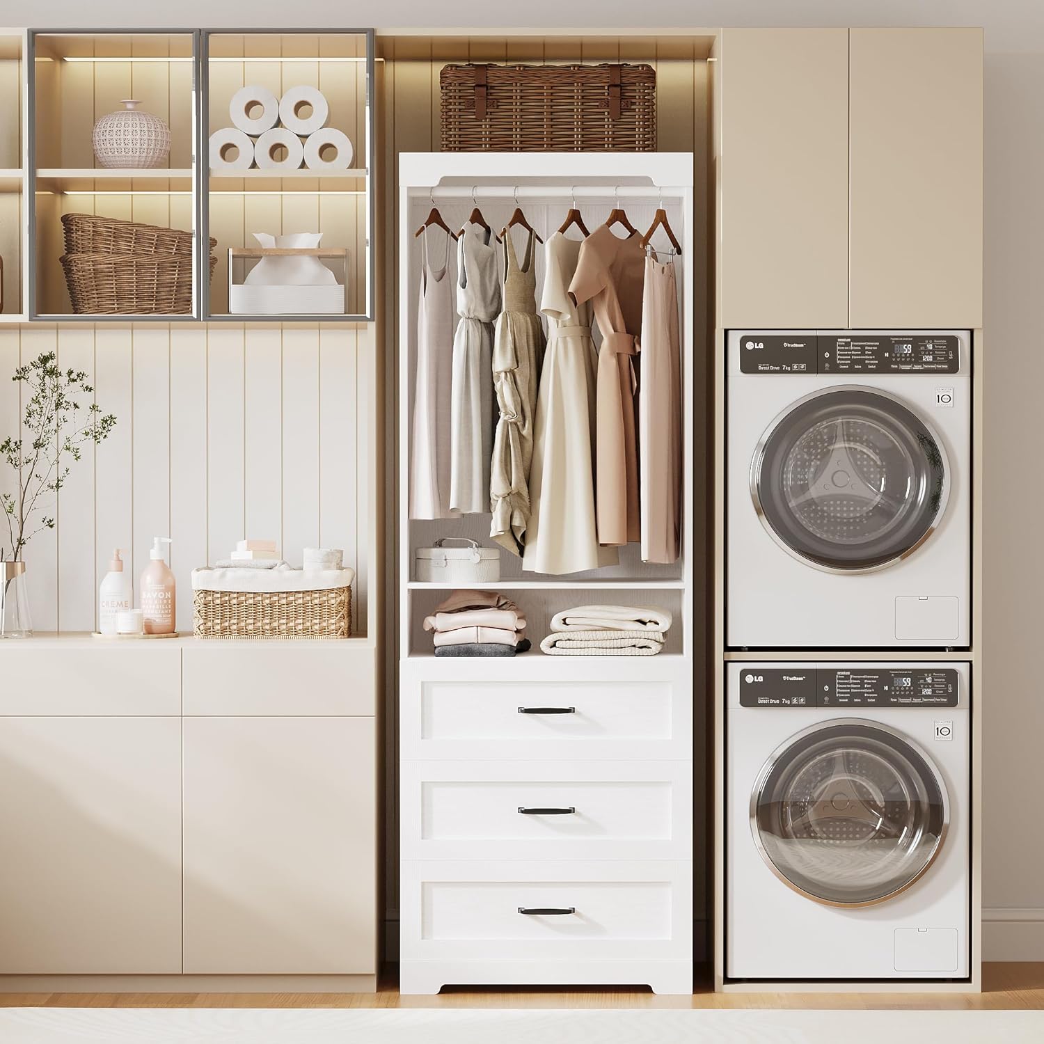 IRONCK Freestanding Closet System with Adjustable Shelves & 3 Drawers | Closet Organizer with Hanging Rod, Ideal for Bedrooms, Apartments and Small Closet Storage, 23.6" White