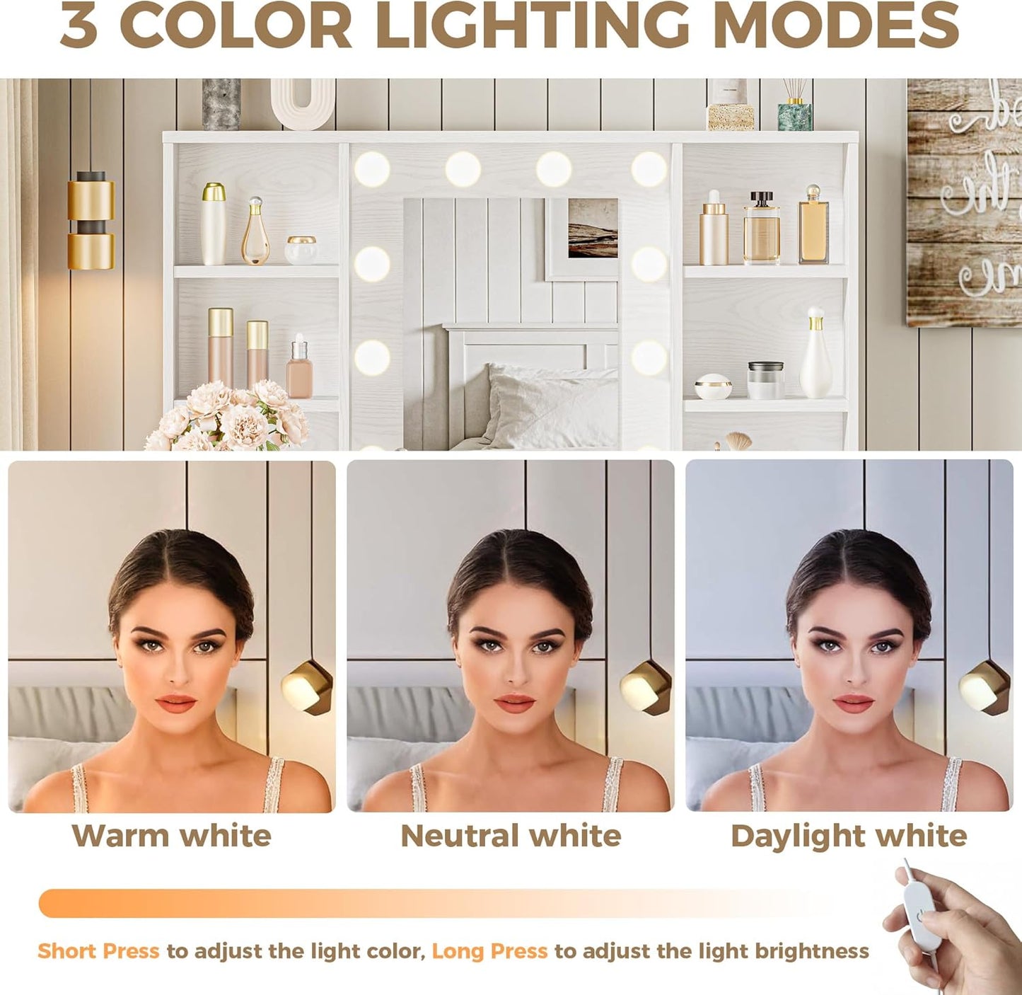 IRONCK White Vanity Desk with Adjustable 3 LED Modes, Stool Included