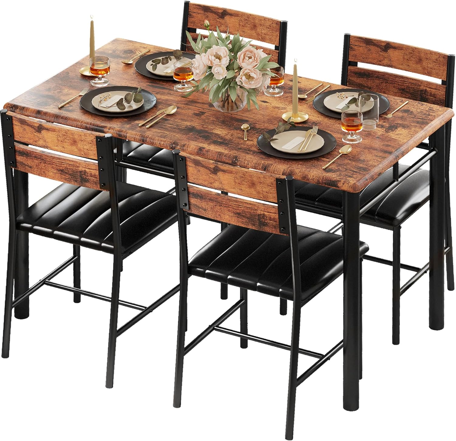 IRONCK Wood Dining Table Set, Wood Kitchen Table with Upholstered Chairs
