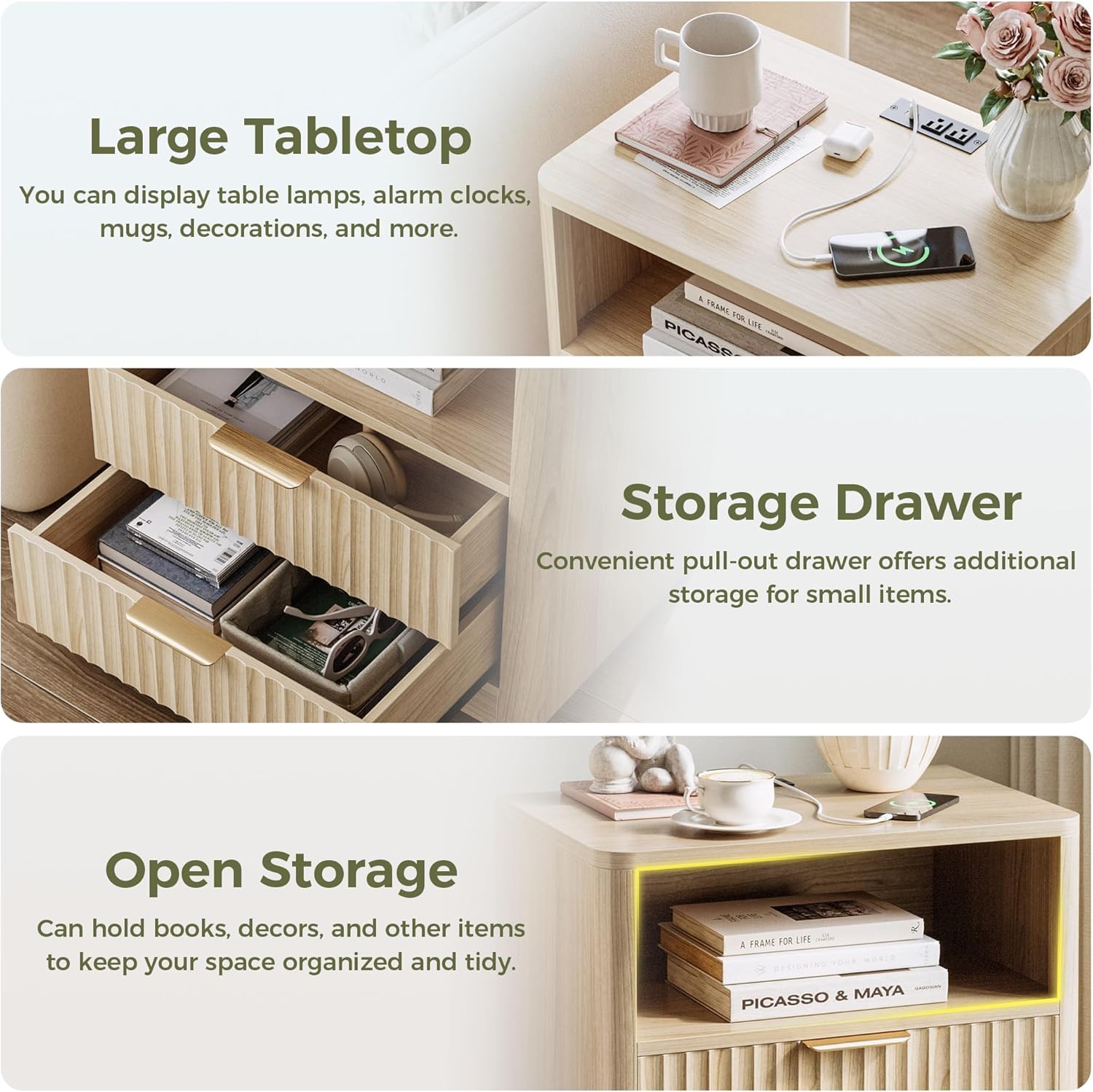 IRONCK Fluted Night Stand Set of 2, with Charging Station, Drawers and Open Shelves, Oak