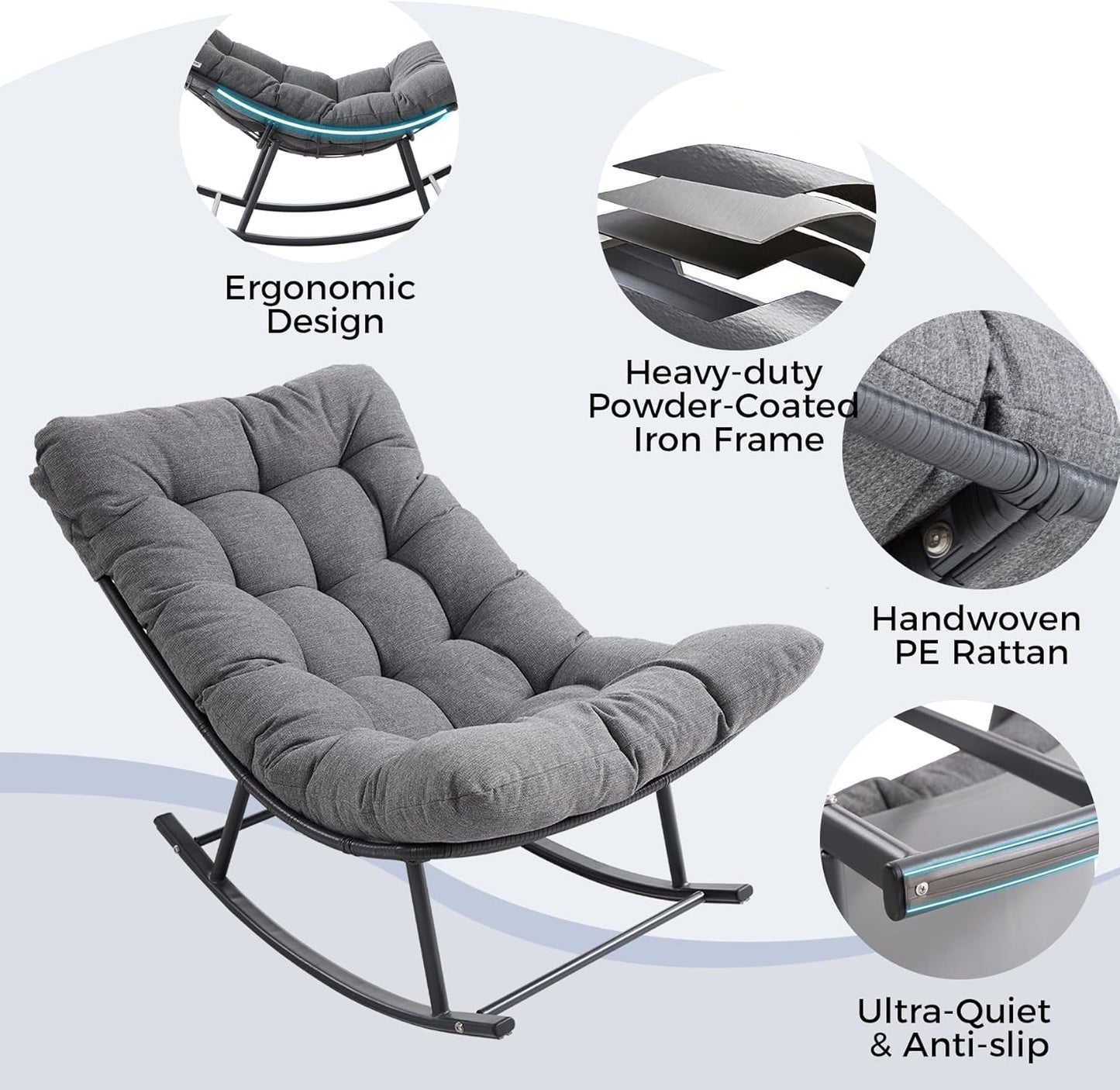 IRONCK Outdoor Rocking Chair, Patio Papasan Rocking Chair with Cushion, Gray
