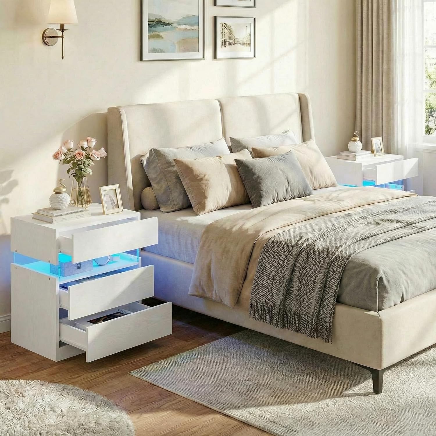 IRONCK Nightstand, with 3 Drawers,  with LED Light  for Bedroom, White
