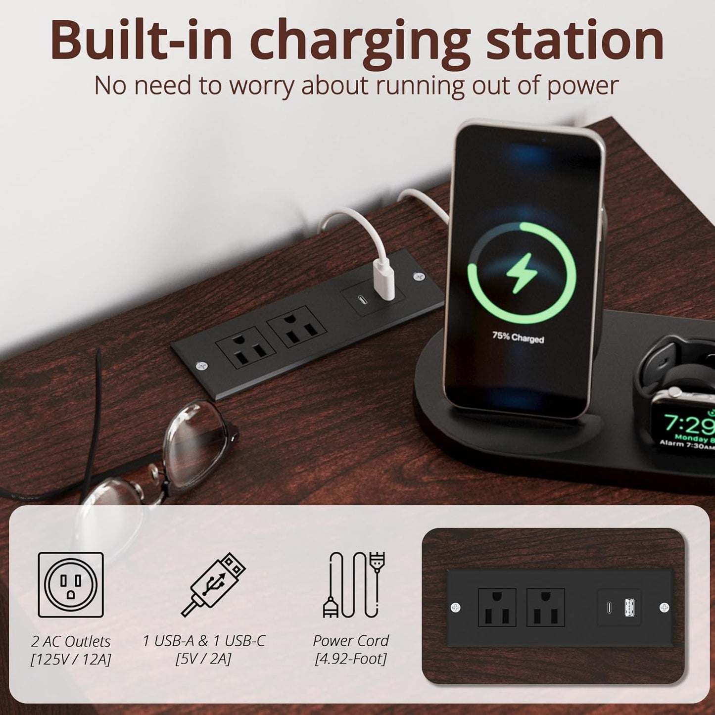 IRONCK Night Stand with Charging Station, Bedside Table with 2 Drawers and 1 Open Shelf