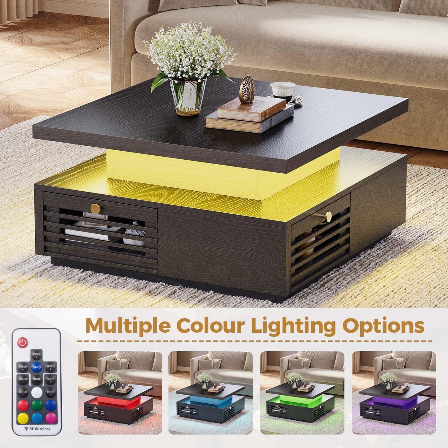 IRONCK Coffee Table with LED Light and Charging Station, 4 Storage Drawers