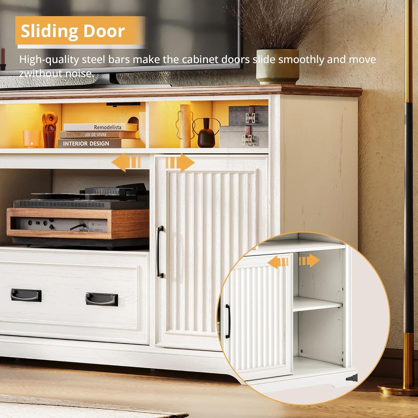 IRONCK TV Stand for 75+ Inch TV, Entertainment Center with Sliding Doors and Storage, White