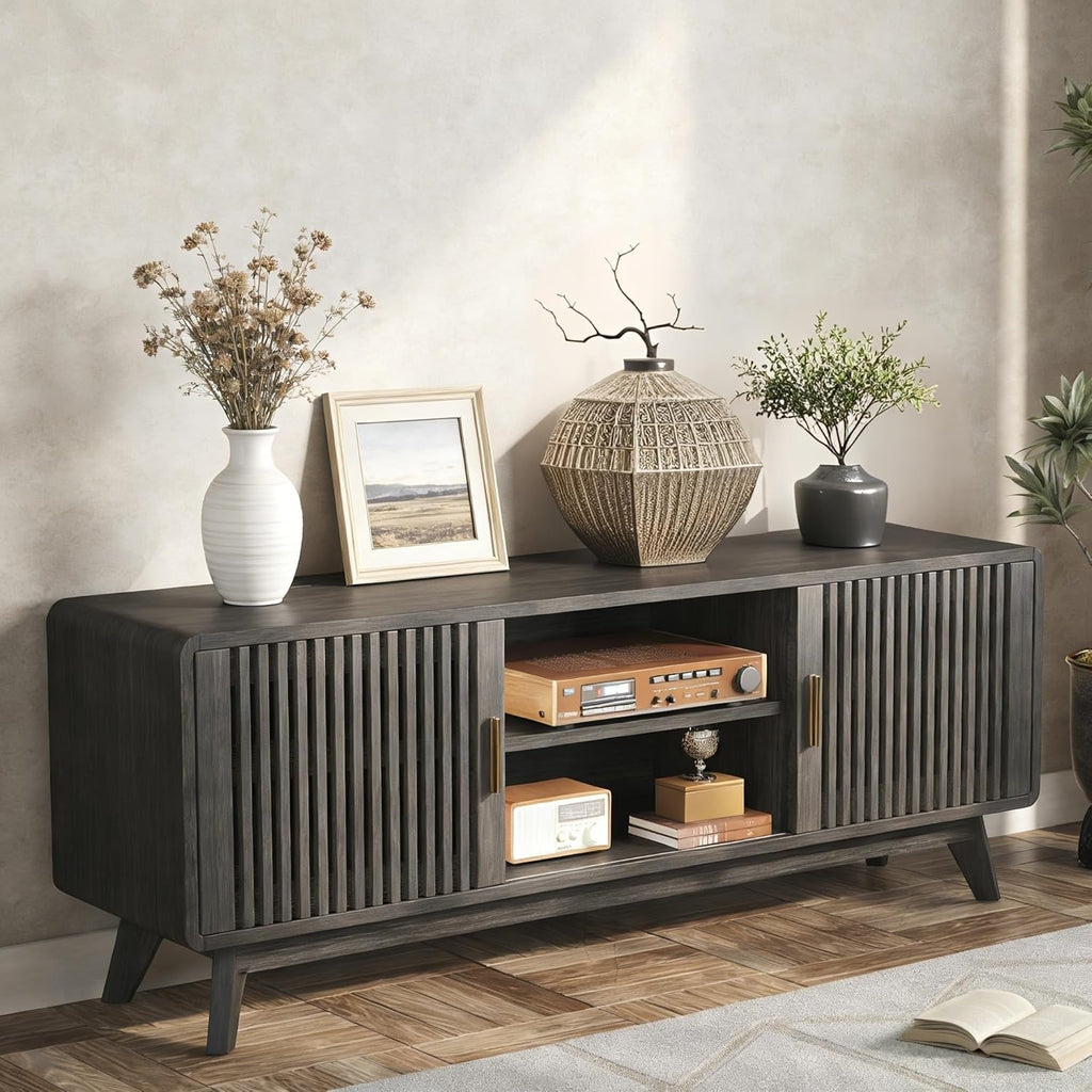 IRONCK Modern TV Stand with Charging Station, Grey Walnut