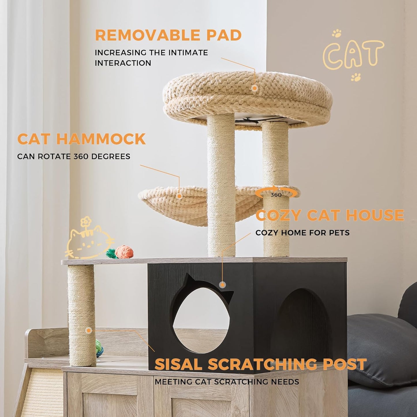 IRONCK Litter Box Enclosure with Cat Tree, 46" Hidden Litter Box with Sisal Scratching Ladder and Storage, Greige