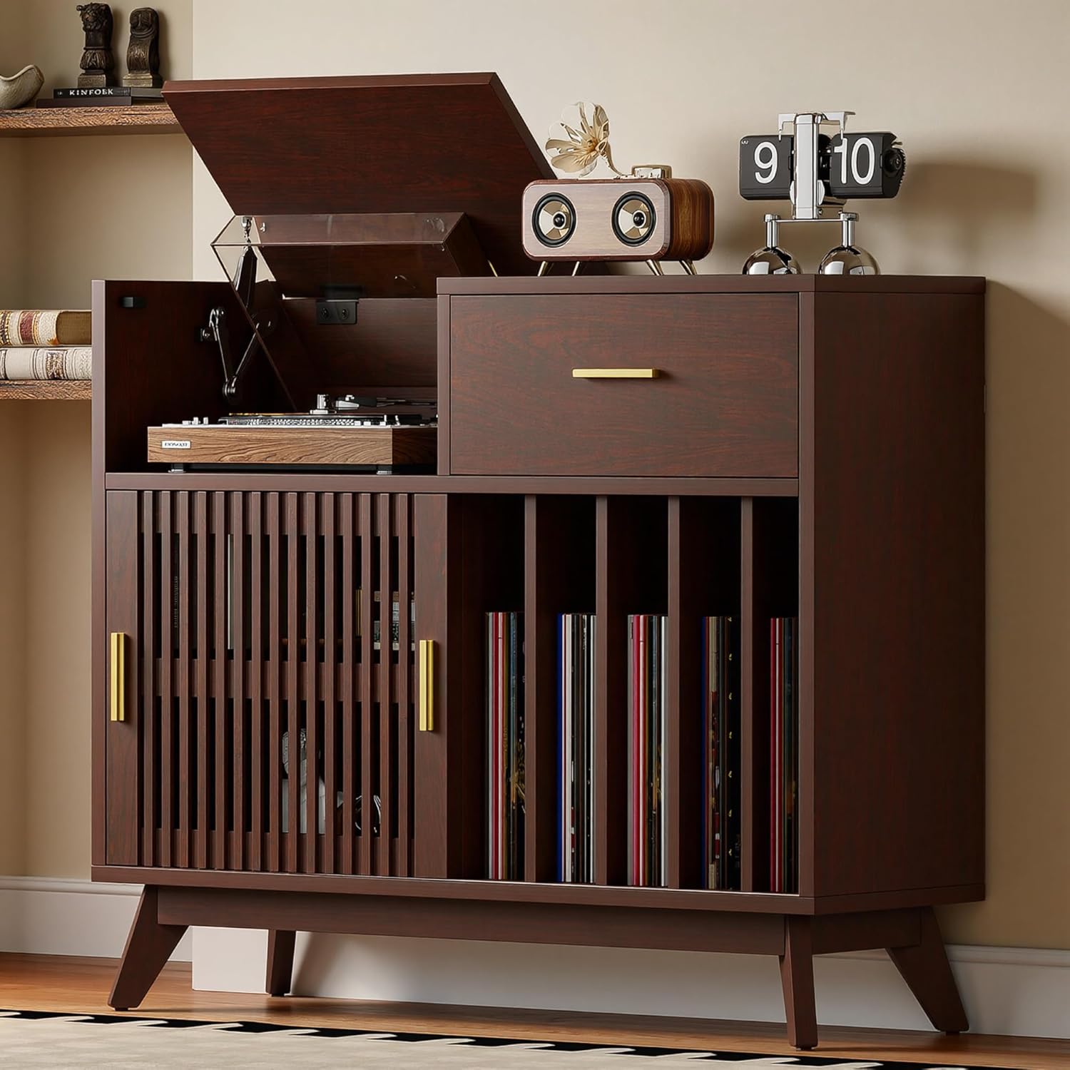 IRONCK Large Record Player Stand, 500+ Vinyl Record Storage Cabinet with Drawer, Record Player Table with Sliding Door & Flip-Top, Mid-Century Modern Turntable Stand for Living Room, Red Walnut