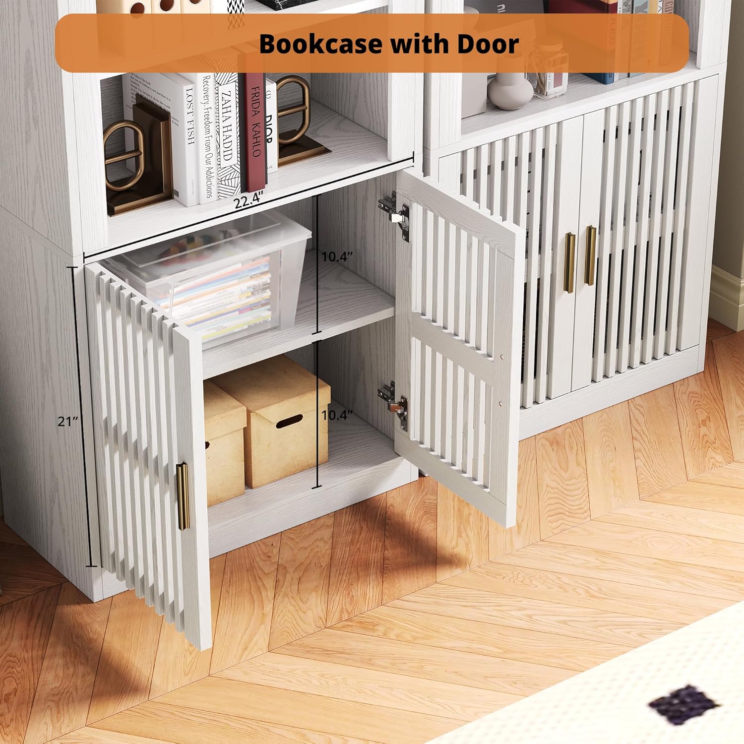 IRONCK 6-Tier Floor Standing Bookcase with Grille Doors, white