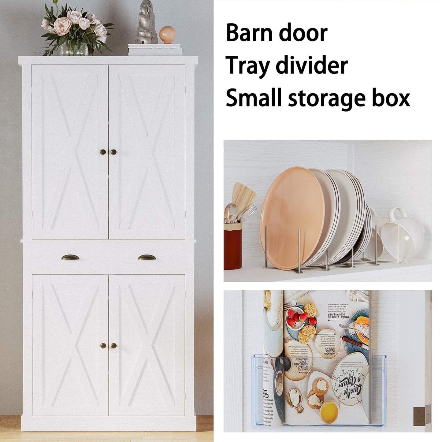 IRONCK Kitchen Pantry Storage Cabinet 72.6" H, with Barn Doors, White