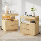 IRONCK Fluted Nightstands Set of 2, Night Stand with Charging Station & LED Light, 2 Drawer Wood Bedside Table with Tempered Glass Top & Open Shelf, Side Table, End Table for Bedroom, Oak